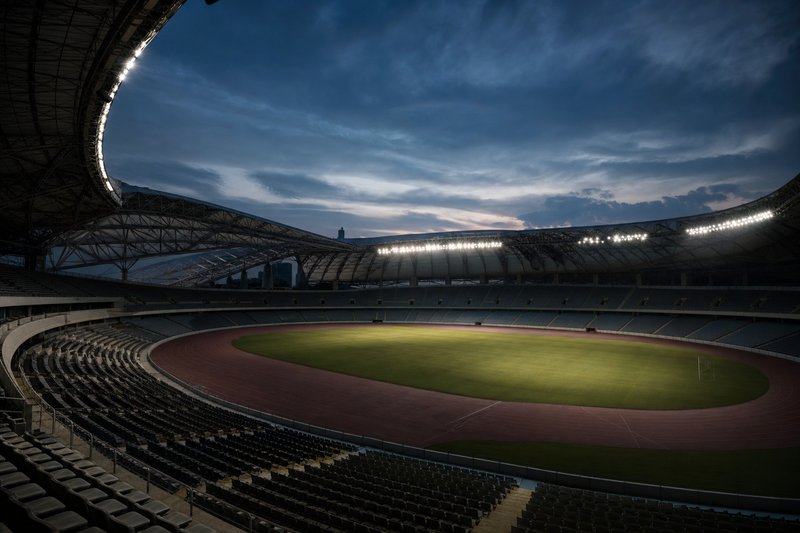 Menschenleeres Sportstadion in der Dämmerung als Sinnbild für den Stillstand im Sportkalender