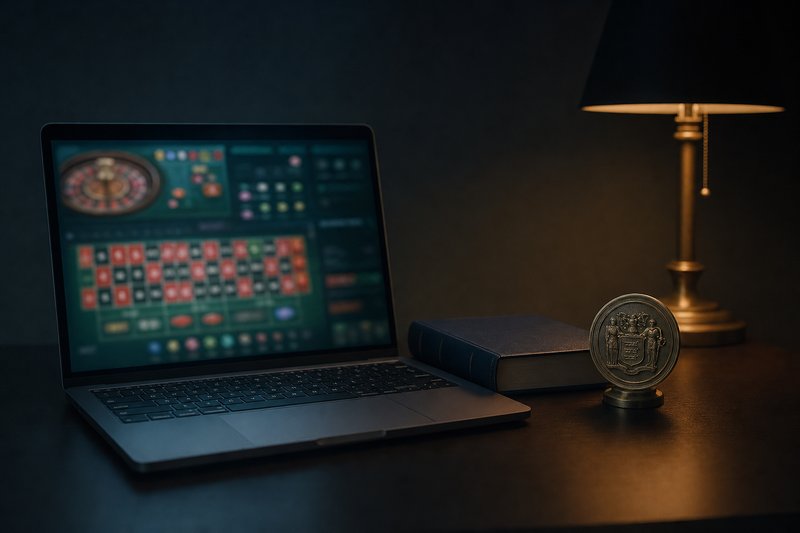 Laptop mit unscharfer Online-Glücksspiel-Oberfläche neben einem Gesetzbuch und Staatssiegel