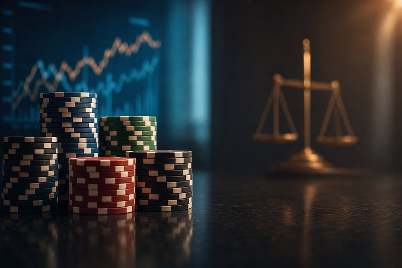 Casino-Jetons vor einem Börsenchart und einer Waage der Justiz – Markt und Regulierung im Glücksspiel