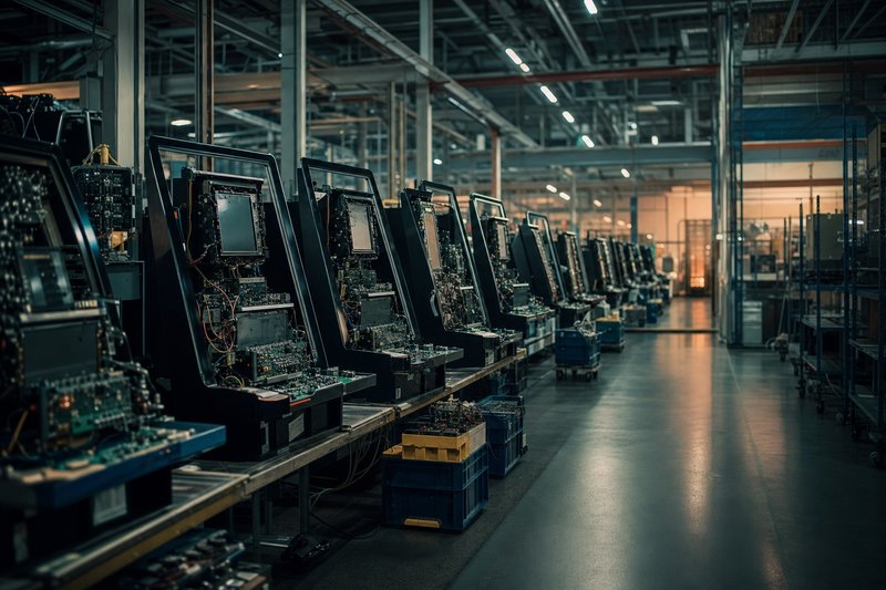 Industrielle Fertigungshalle mit halb montierten Spielautomaten-Gehäusen an der Produktionslinie