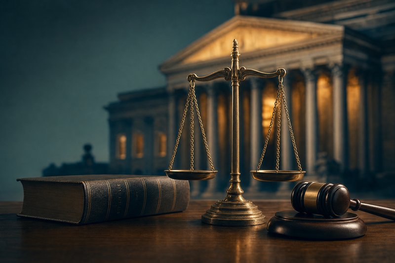 Waage der Justiz, ein Gesetzbuch und ein Richterhammer vor Parlamentssäulen – Symbol für die Glücksspiel-Regulierung