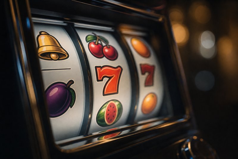 Nahaufnahme der Walzen eines Glücksspielautomaten mit beleuchteten Symbolen