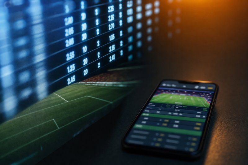Leuchtende Quotentafel mit unscharfem Fußballfeld und Smartphone mit Wett-App